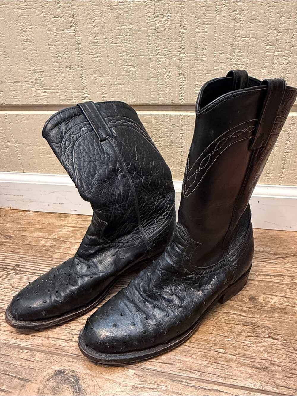 vintage Dan Post black full-quill ostrich western roper boots mens 6.5